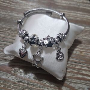Silver Charm Bracelet with Heart and Star